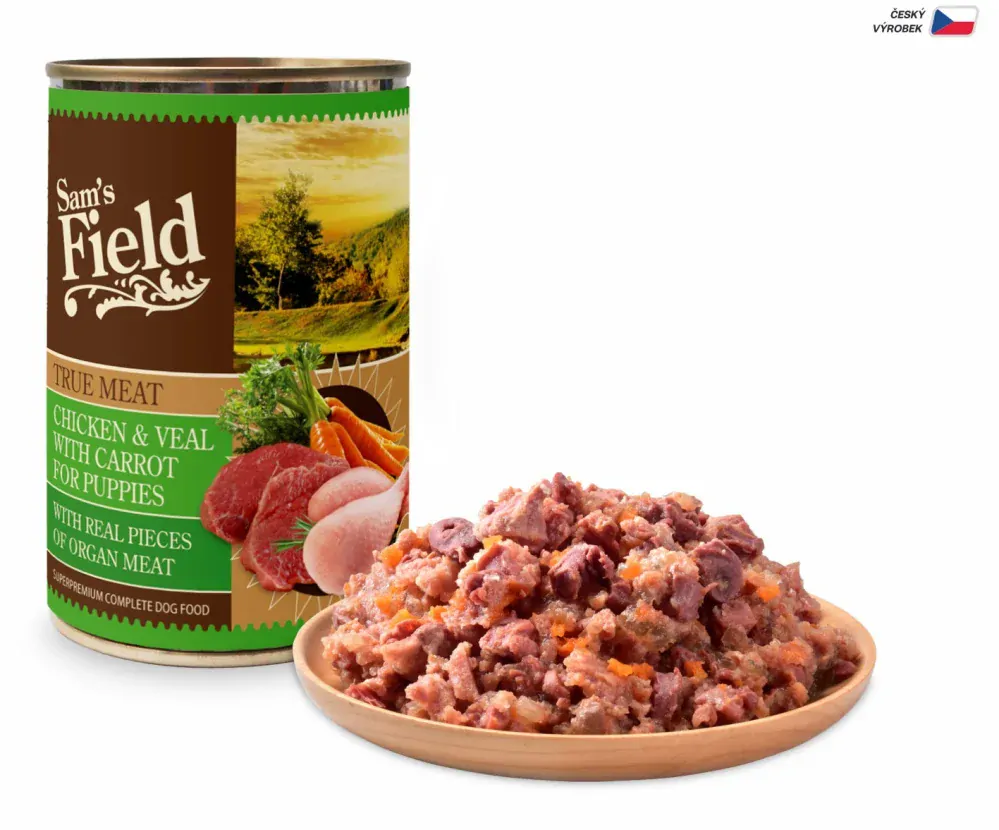 Sam's Field True Chicken & Veal Meat with Carrot for Puppies, superprémiová konzerva, 400 g