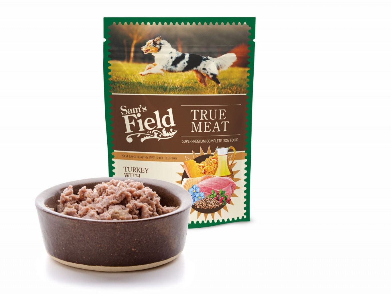 Sam's Field šťavnaté masové kapsičky krůtí s lososem a brusinkami pro psy 260 g 