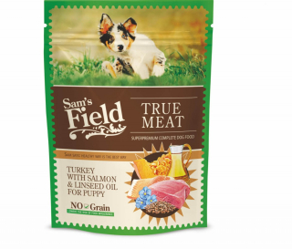 Sam's Field True Meat šťavnaté masové kapsičky krůtí s lososem a lněným olejem pro štěňata 260 g 